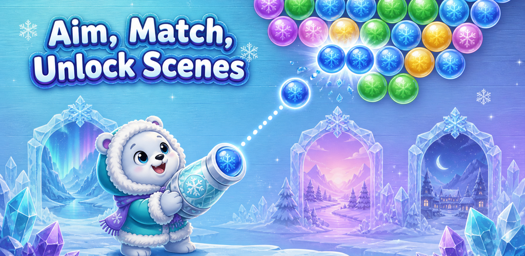 Frostbloom: Bubble Pop banner showing jade and violet bubbles in a frosted, sparkling scene